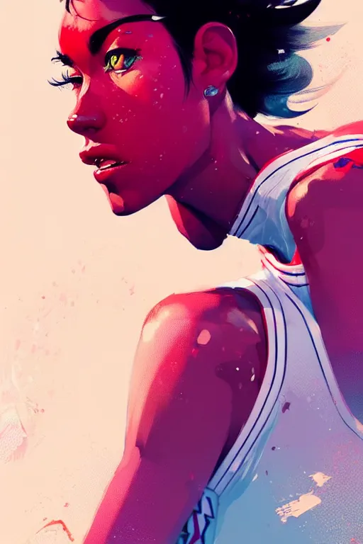 Image similar to a ultradetailed beautiful panting of a stylish woman in a lakers jersey, by conrad roset, greg rutkowski and makoto shinkai, trending on artstation