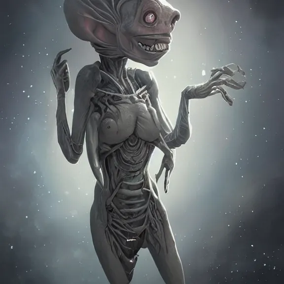 Image similar to blushing grey alien in skirt, fantasy artwork, award winning, hyper detailed, very very beautiful, studio lighting, artstation