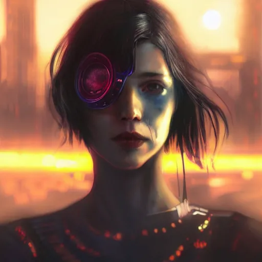 Prompt: molly millions, closeup portrait of a young beautiful cyberpunk woman, mirror eye implants, black hair in a rough shag, sunset, neuromancer, street samurai, cyberpunk city background, megacity, gorgeous view, depth, painted by seb mckinnon, high detail, digital art, painted by greg rutkowski, trending on artstation