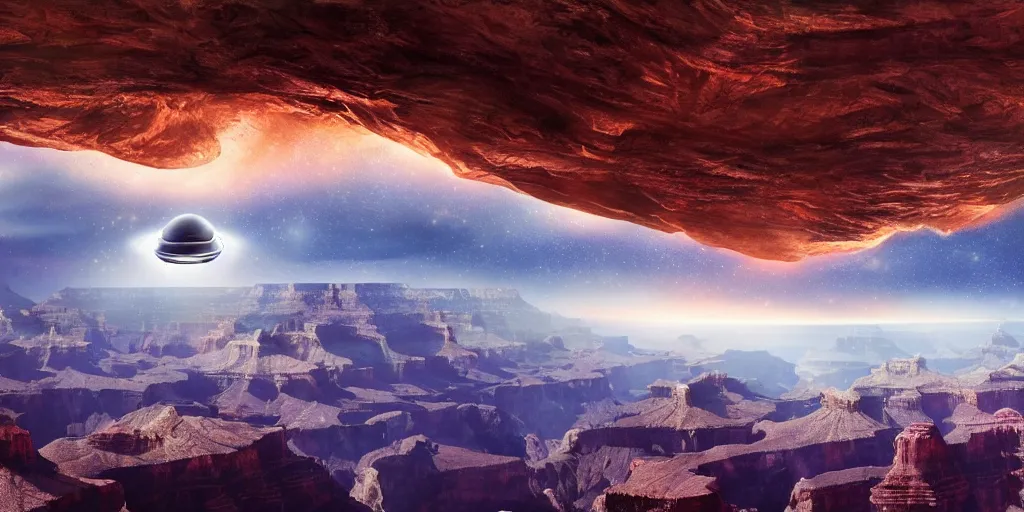 Image similar to An alien spaceship hovering over the Grand Canyon, cinematic lighting, detailed oil painting, hyperrealistic, 8k