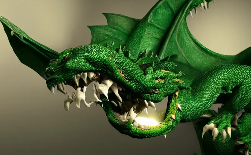 Prompt: green dragon, smiling, studio shot, volumetric lighting, 8k, real life picture, realistic, hyperdetailed, no blur, shadows