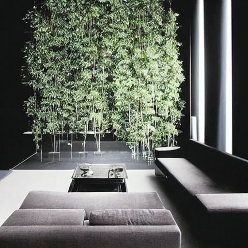 Image similar to “extravagant luxury apartment interior design, by Tadao Ando and Koichi Takada, art, black walls, plants”