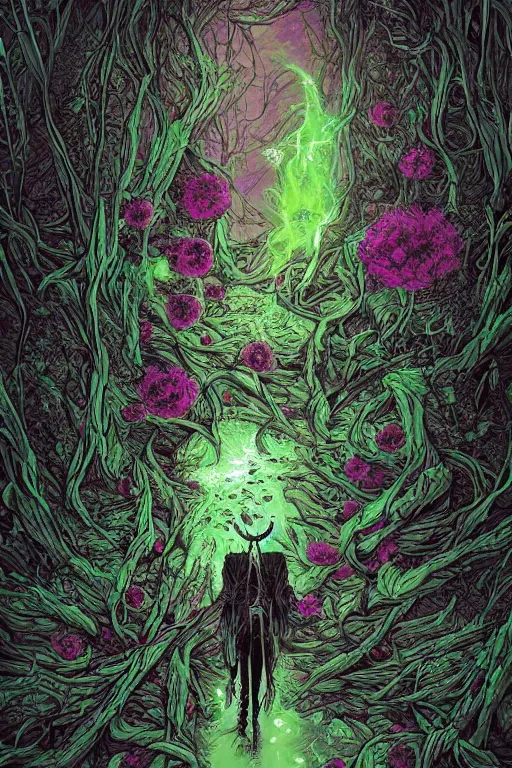 Image similar to spectral drifter, dark fantasy, flowers, pathway by josan gonzalez, black and green color scheme , horror, death, gore, guts, cgsociety