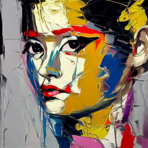 Image similar to portrait of geisha, silver and gold by francoise nielly