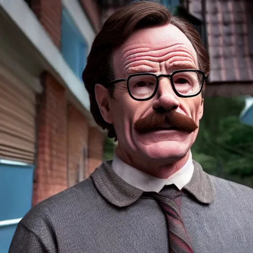 Image similar to Bryan Cranston dressed up as Ned Flanders for The Simpsons Live Action Movie film still, 4k resolution, 8k resolution, HD Quality, highly detailed, very detailed, detailed, studio quality lighting, digital art, trending on artstation, film still