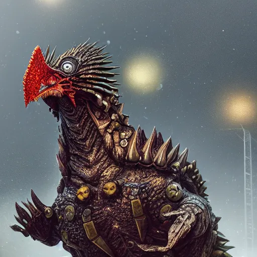 Prompt: evil steel bubble screaming acid chicken kaiju, cinematic, epic scale, hyper detailed, photorealistic, rule of thirds, 8 k.