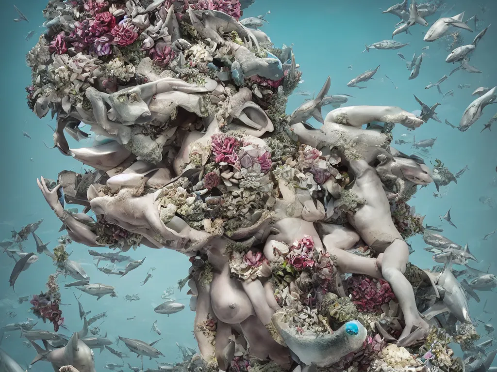 Prompt: a sculpture of ocean shark intertwined, a lovely cornucopia of flowers and human body parts, body parts, highly detailed, octane render, cinematic