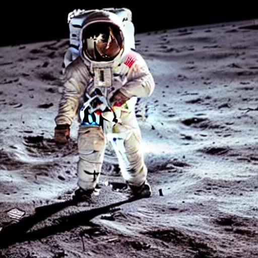Image similar to photo of an astronaut wearing an old astronaut suit holding an electric guitar on the moon. detailed