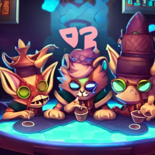 Prompt: yordles from TFT hanging out with his best friends at the bar