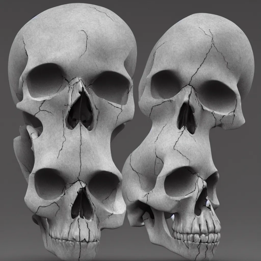 Image similar to octane render of a skull made out of marble, breaking into many pieces