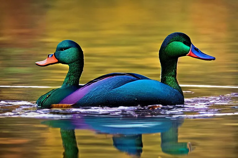 Image similar to a colorful fantasy mallard floating on a lake in the mountains, cascadia