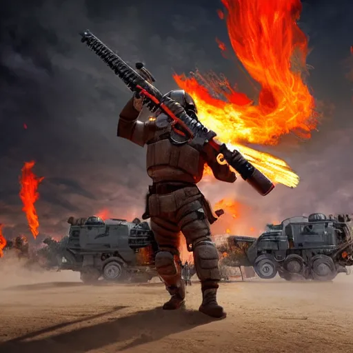 Image similar to angry man in juggernaut armor burning a desktop tower pc with a military flamethrower