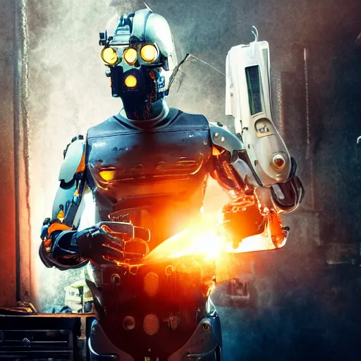 Image similar to cyborg with toaster oven chest, dark messy smoke - filled cluttered workshop, dark, dramatic lighting, orange tint, sparks, cinematic, highly detailed, sci - fi, futuristic, movie still