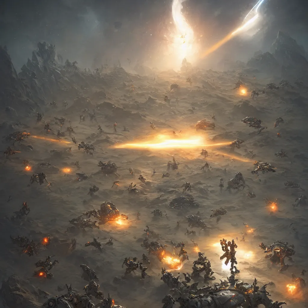 Image similar to astronauts battling against ancient alien robots, fantasy epic legends stylized digital illustration radiating a glowing aura illumination ray tracing hdr fanart arstation, 8 k, art by greg rutkowski, ultra detailed