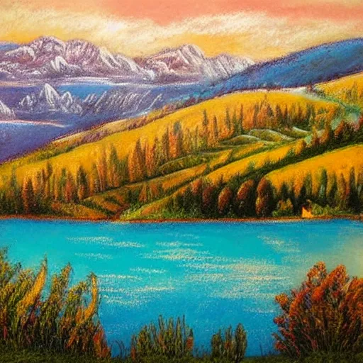 Prompt: Beautiful artwork painting of a beautiful italian landscape with a lake, mountains and trees, detailed, symmetrical, award-winning, pastel color pallette, inspiring