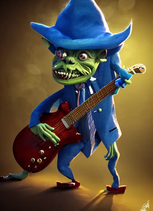 Prompt: a cute sharply dressed goblin playing the blues on an old guitar, in the style of boris valejo and hubert sumlin, fantastic, dramatic lighting, smoke, mist, forest, hyperrealistic, detailed, octane render