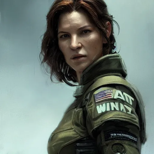 Image similar to portrait of a woman by greg rutkowski, she looks like gina carano with 7 0 years old, impeccable military composure, wearing tactical gear of the galactic alliance, star wars expanded universe, highly detailed portrait, digital painting, artstation, concept art, smooth, sharp foccus ilustration, artstation hq