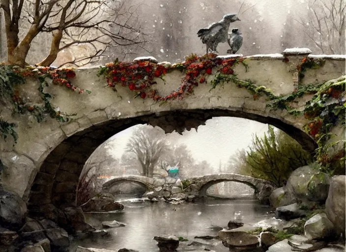 Image similar to watercolor of rustic stone bridge with mural, ivy, in winter landscape, glistering, high detailed art by dennis miller bunker, work by anders zorn, wonderful masterpiece by greg rutkowski, beautiful cinematic light, american romanticism by greg manchess, creation by tyler edlin