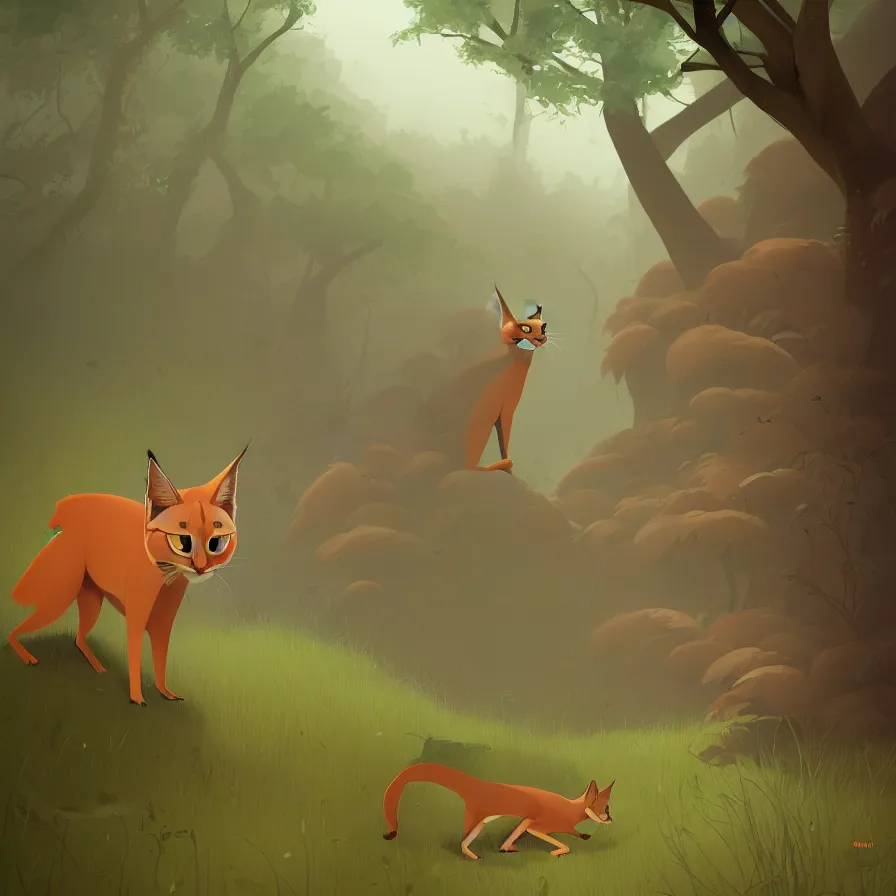 Image similar to Goro Fujita illustrating photo of a cate caracal in the woods, by Goro Fujita, ilustration, concept art, sharp focus, highly detailed, ArtStation