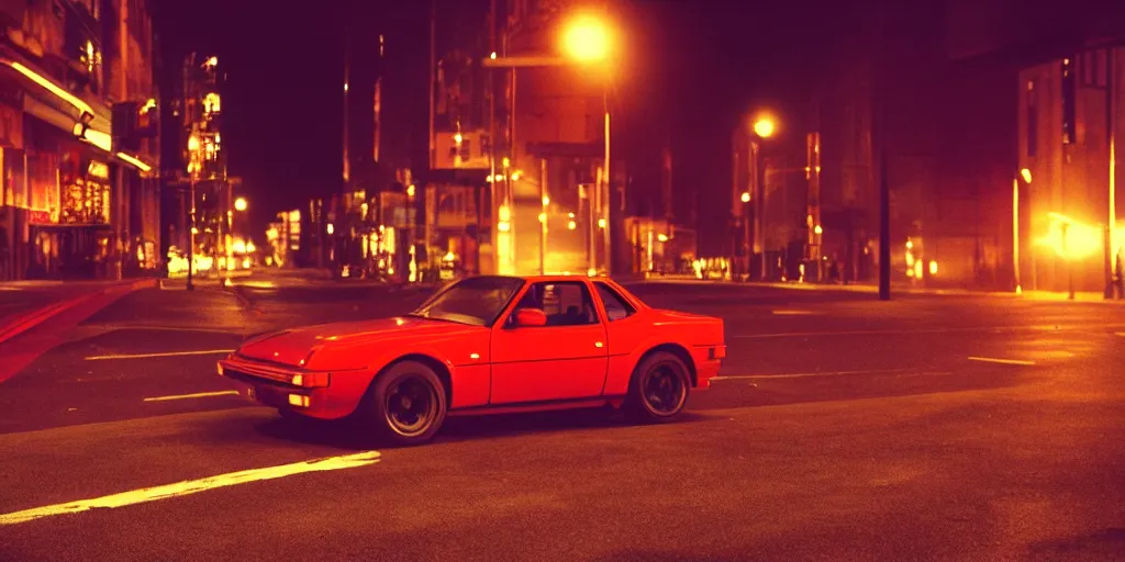 Prompt: 80s red sports car on deserted city street at night time, purple lighted street, wide angle, cinematic, retro-wave vibes, grainy, soft motion blur, VHS Screencap