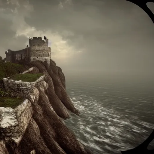 Prompt: an old castle on the top of a cliff by the sea, some mist and huge waves hitting the cliff's base. dramatic lighning, eerie, atmospheric, unreal engine realistic awesome