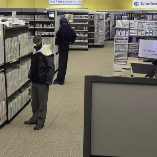 Prompt: a furry standing in office max with the lights off, security cam footage