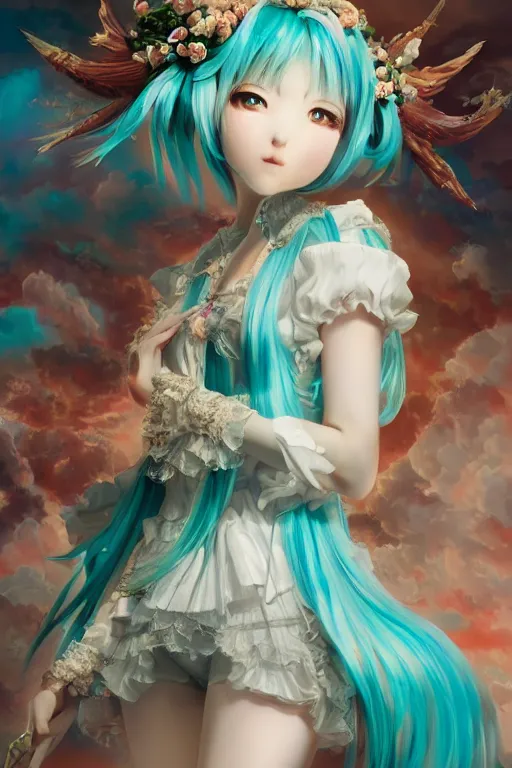 Image similar to Hatsune Miku, dramatic, elaborate emotive Baroque and Rococo styles to emphasize beauty as a transcendental, 8k image, ultra-realistic, the style of WLOP
