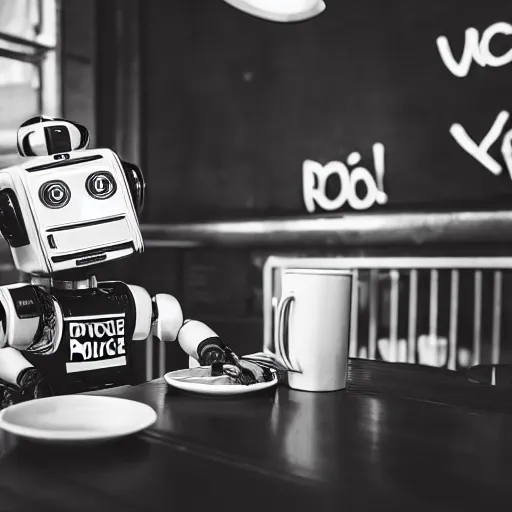 Image similar to a robot police officer drinking tea in a coffee shop sitting down relaxed, professional photography