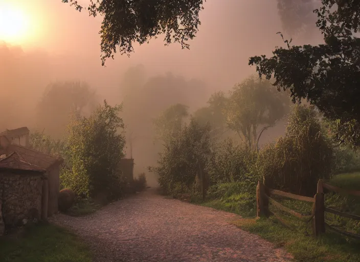 Prompt: and furnished by the late afternoon light, mist curdling like a blurry feast, the haze descends upon this idyllic village, and it is time to rest. the most pleasing, soothing sound can be heard from secret corners of this cozy place. we are safe inside these walls. we are at peace.