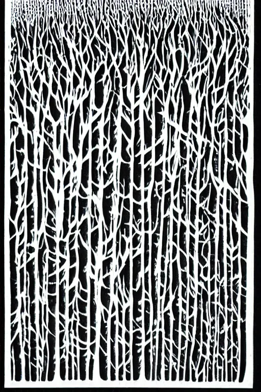 Image similar to reaction diffusion artwork of a winter forest, reaction diffusion linocut, as reaction diffusion