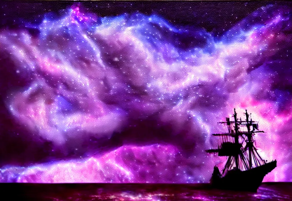 Image similar to purple color lighting storm with stormy sea close up of a pirate ship firing its cannons trippy nebula sky with dramatic clouds painting by banksy Photorealism