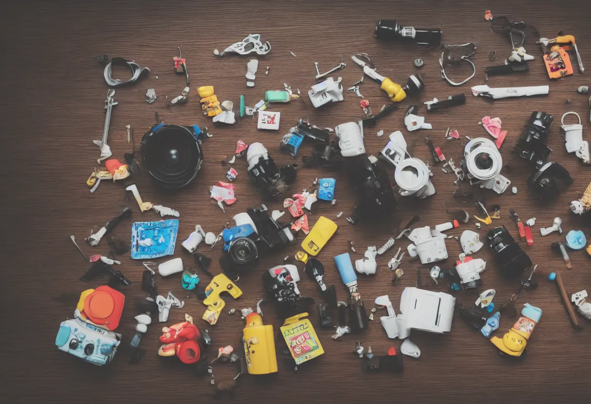 Image similar to wide dslr photo still of an occult toy on a table cluttered with drug paraphernalia