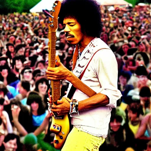Image similar to HD digital photograph of Jimi Hendrix at Woodstock, ultra realistic, fun, caricature, powerful, iconic, love peace and unity, hippy, flower power