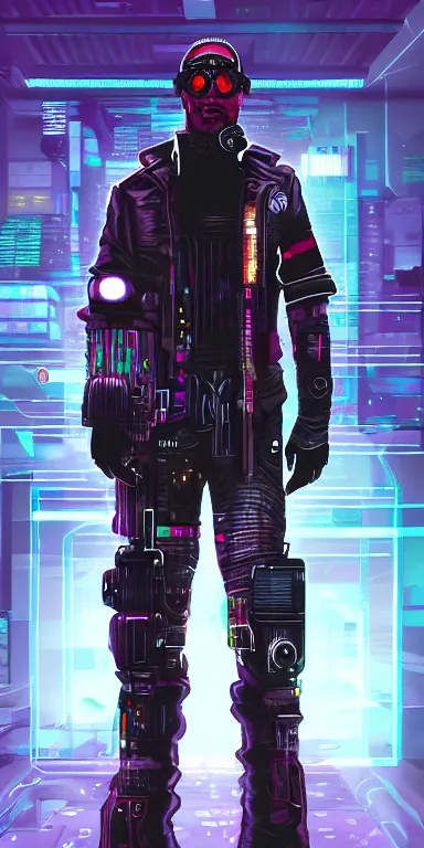 Prompt: a full body portrait of a cyberpunk character