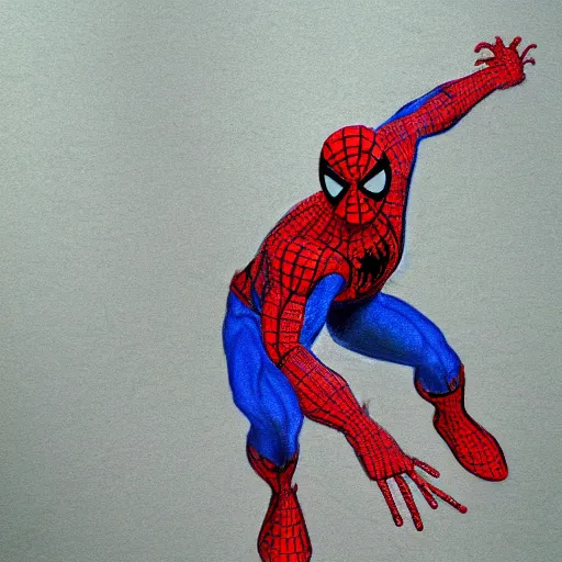 Prompt: crayon drawing of spiderman vs a gun, drawn by a 6 year old