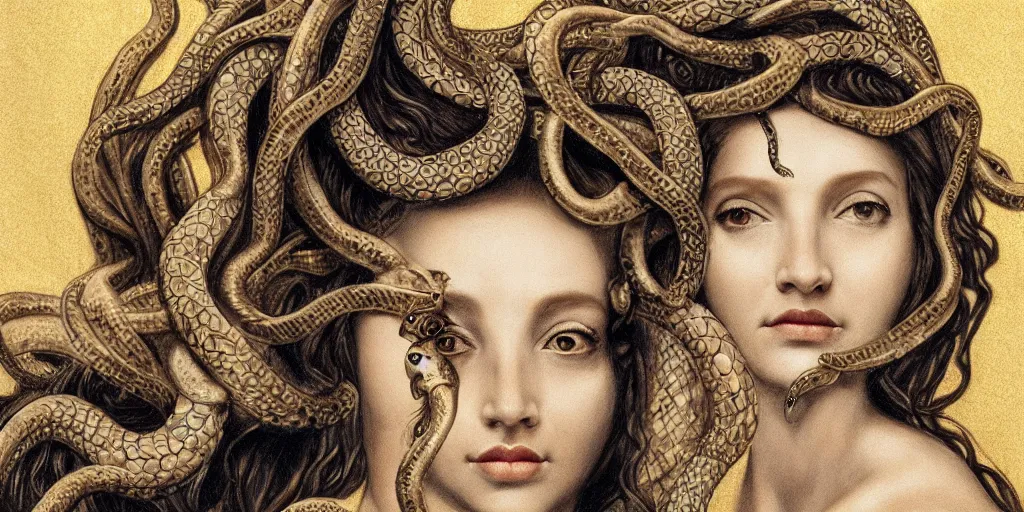 Image similar to realistic portrait of beautiful medusa with her snakes, golden, delicate, facing camera, hyper realism, 1 4 5 0, ink, ultra realistic, 8 k