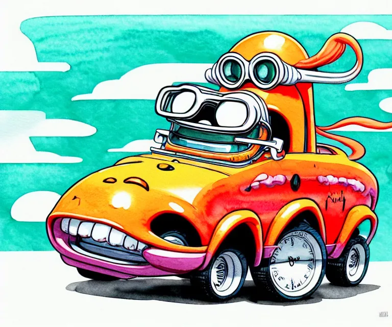 Image similar to cute and funny, cartoon squid wearing goggles riding in a tiny hot rod with oversized engine, ratfink style by ed roth, centered award winning watercolor pen illustration, isometric illustration by chihiro iwasaki, edited by range murata, tiny details by artgerm and watercolor girl, symmetrically isometrically centered