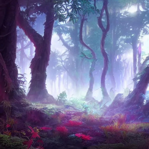 Prompt: concept art painting of a mystical alien fantasy forest, with fog and strange colorful plants, realistic, detailed, cel shaded, in the style of makoto shinkai and greg rutkowski and james gurney