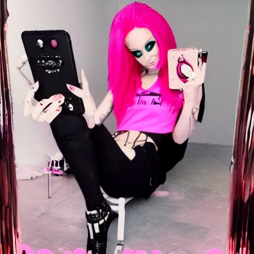 Prompt: jeffree star 2 0 0 0 s selfie with pink red hair wearing a hot pink crop top that says hot on it