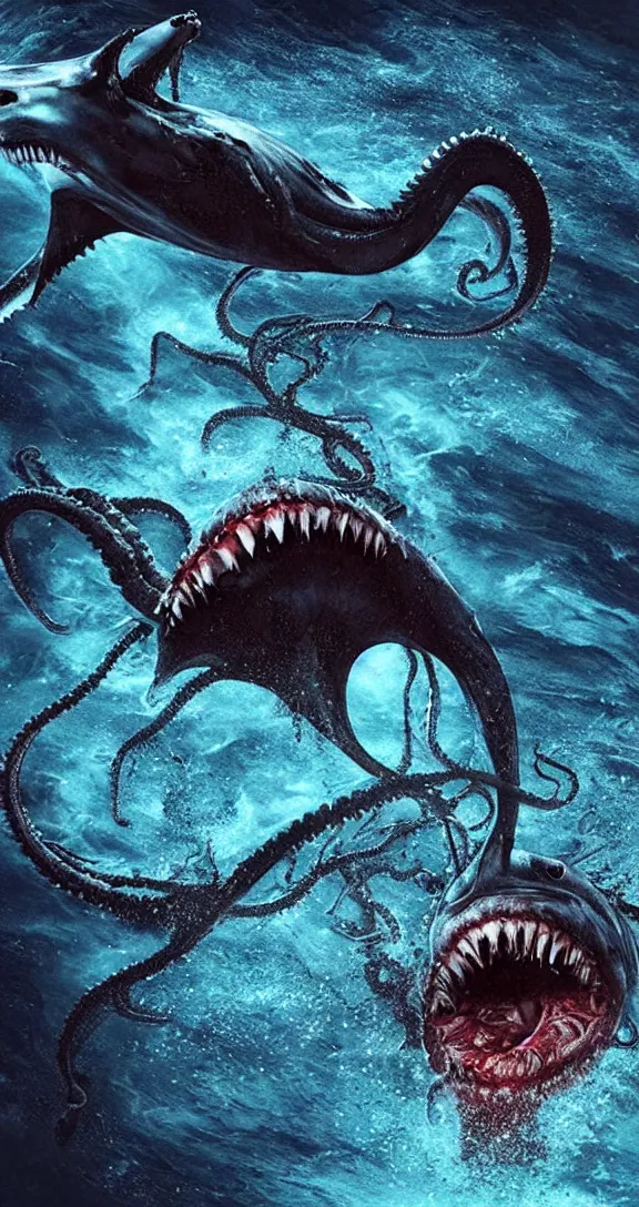 Prompt: dark dark blue ocean background, deep underwater, blood in the water, very terrifying demonic xenomorph giant octopus cenobite tearing a great white shark apart, splattered with blood, full body portrait showing entire scary monster, neo-expressionistic, maximalist, horror monster masterpiece, trending on DeviantArt, 4K resolution, dark cinematic, hyperrealism, octane render, volumetric lighting, ultra-detailed, chiaroscuro, in the style of Giger and Ralph Steadman and Da Vinci,