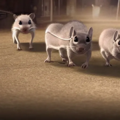 Prompt: 3 blind mice in cinematic race with horses of the apocalypse