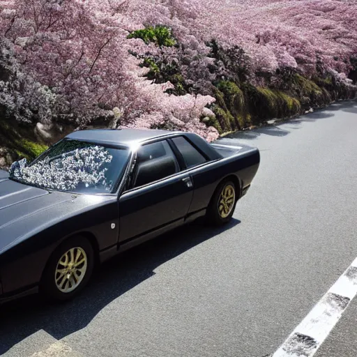 Image similar to photo of a dragon black polka dotted furred dragon driving a nissan hakosuka 2000 GTR down the cherry blossoming mt hakone