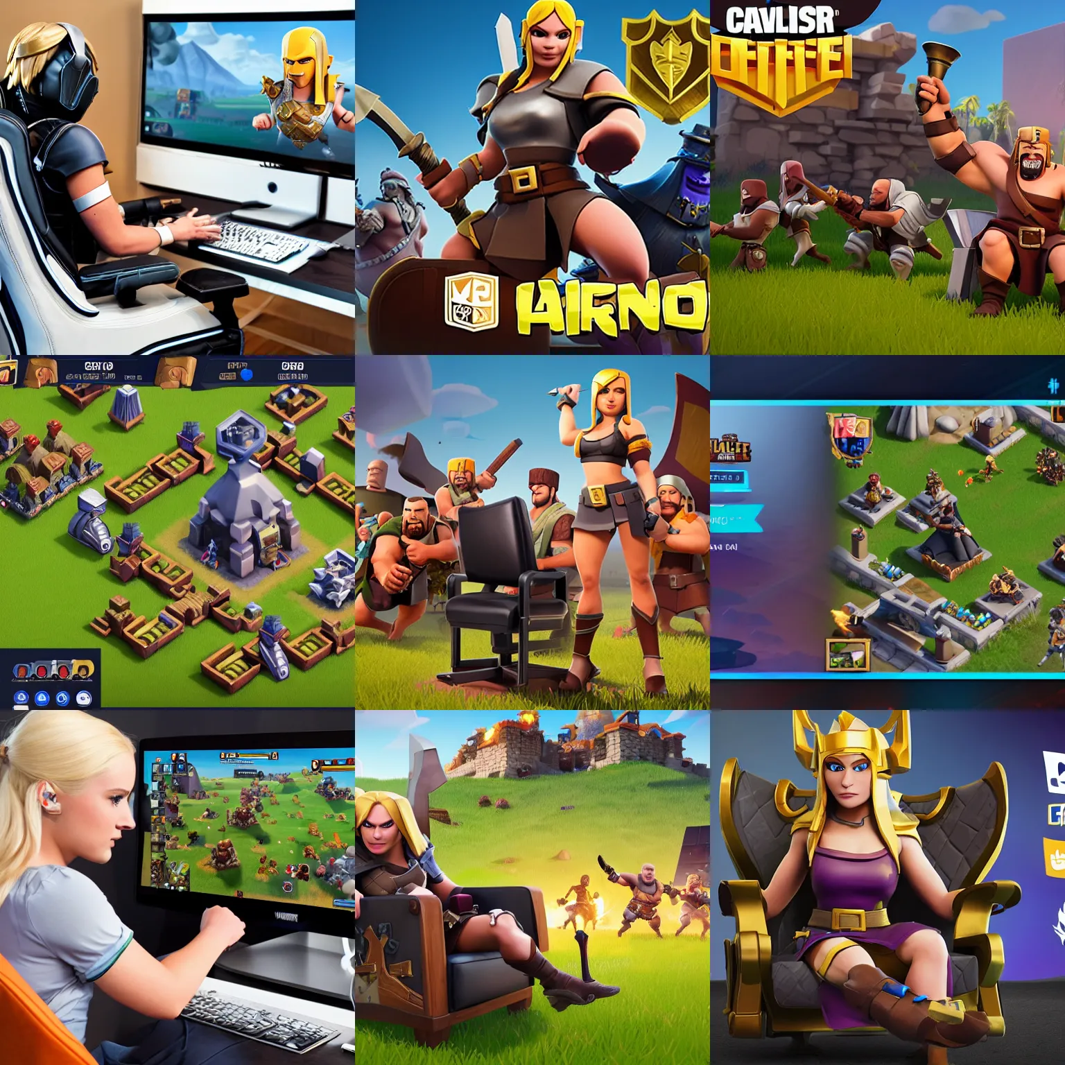 Prompt: clash of clans character valkyrie sitting on gaming chair playing fortnite on computer