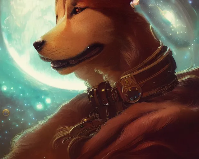 Prompt: Portrait of Sniba Inu in space, dark fantasy, intricate, elegant, highly detailed, digital painting, artstation, concept art, smooth, sharp focus, illustration, art by artgerm and greg rutkowski and alphonse mucha