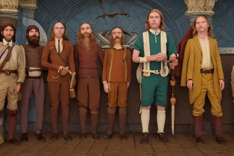 Prompt: A group of 5 high fantasy adventurers lined up for a group portrait, Screenshot of Wes Anderson's New RPG Movie, directed by Wes Anderson, Chest high, Photo realistic, Regal, Formal, Cinematic, Symmetrical, Satisfying dynamic lighting, Highly Detailed, Cinematic Lighting, 8k, HD