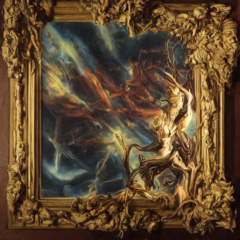 Image similar to an alien reaching through a framed painting, pulp sci - fi art. baroque period, oil on canvas. renaissance masterpiece