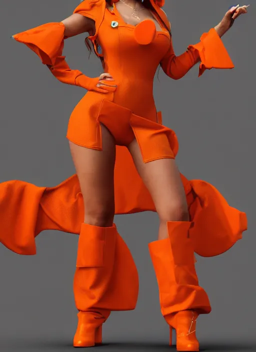 Prompt: ariana grande pinup wearing chicken nugget fantasy battle armor with an orange cloak by ilya kushvikov, symmetrical face concept art, octane render unreal engine meta humans, trending on artstation