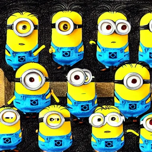 Image similar to a crayon drawing of minions from minions