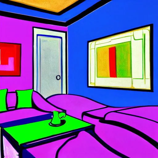 Prompt: hd photo of a living room, designed by and artist henri matisse paintings, wide lens, three point perspective, neon lights, highly detailed, unreal engine, photorealism