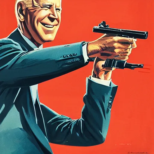 Image similar to propaganda poster of joe biden pointing gun directly at camera in james bond mobie, closeup of gun, visible barrel and grip by j. c. leyendecker, bosch, lisa frank, jon mcnaughton, and beksinski